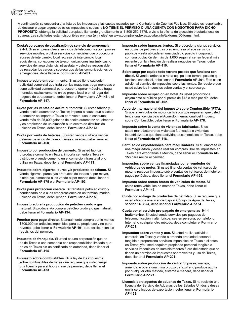 Instrucciones para Formulario APP-201 Solicitud Para El Permiso De Impuesto Sobre Ventas Y Uso - Texas (Spanish), Page 3