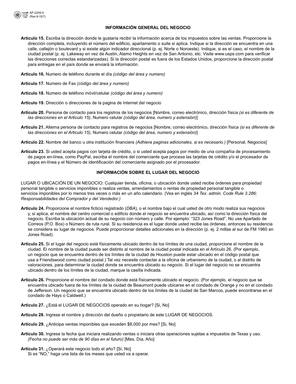 Instrucciones para Formulario APP-201 Solicitud Para El Permiso De Impuesto Sobre Ventas Y Uso - Texas (Spanish), Page 5