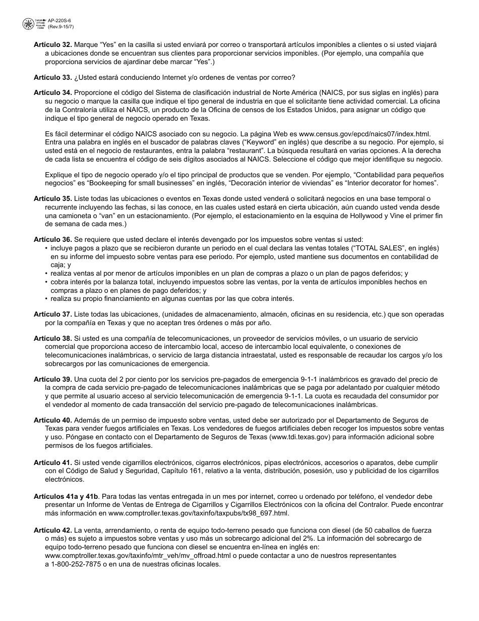 Instrucciones para Formulario APP-201 Solicitud Para El Permiso De Impuesto Sobre Ventas Y Uso - Texas (Spanish), Page 6