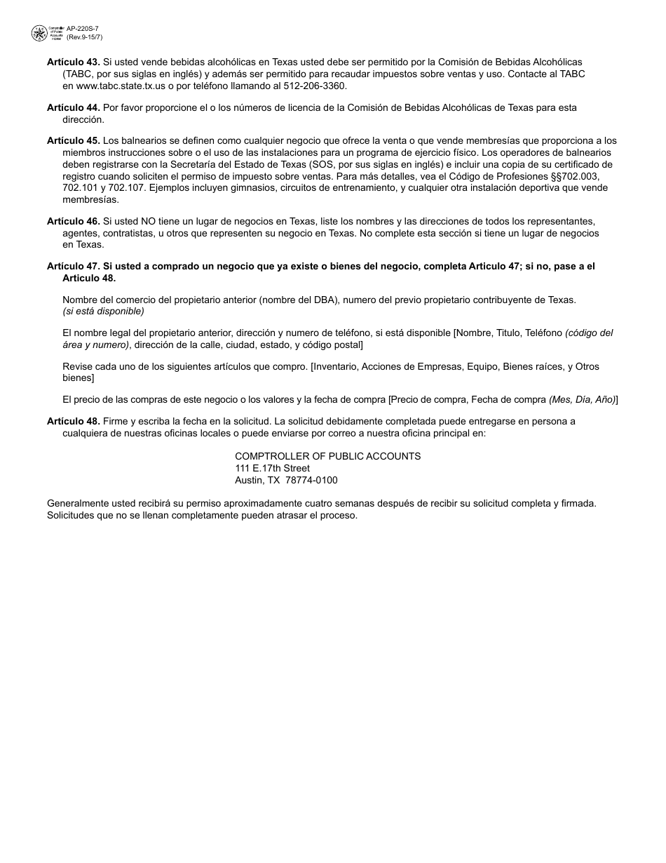 Instrucciones para Formulario APP-201 Solicitud Para El Permiso De Impuesto Sobre Ventas Y Uso - Texas (Spanish), Page 7