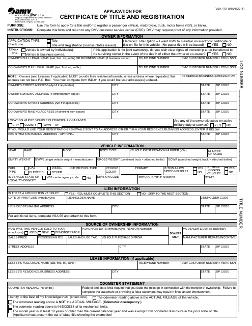 Form 17a Application for Certificate of Title and Registration - Virginia