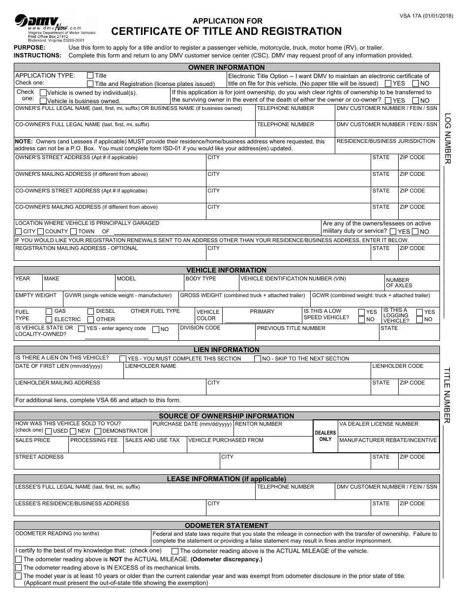 Form 17a Application for Certificate of Title and Registration - Virginia, Page 1