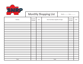 Document preview: Monthly Shopping List Template - Snrp