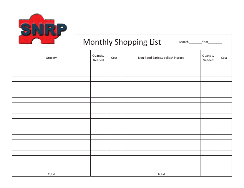 Monthly Shopping List Template - Snrp