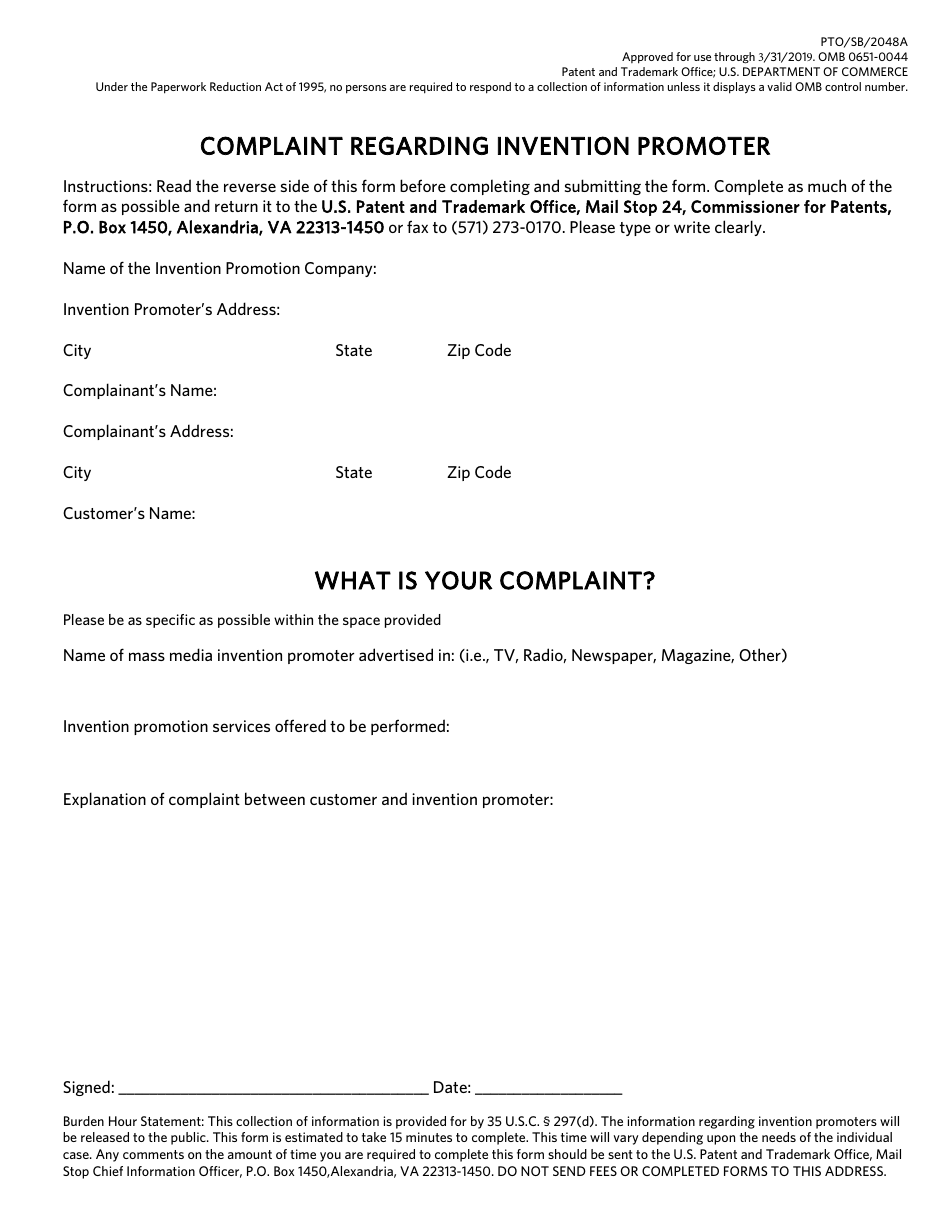 Form PTO / SB / 2048A Complaint Regarding Invention Promoter, Page 1