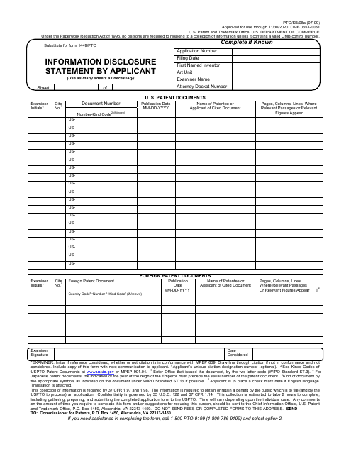 Form PTO/SB/08A  Printable Pdf