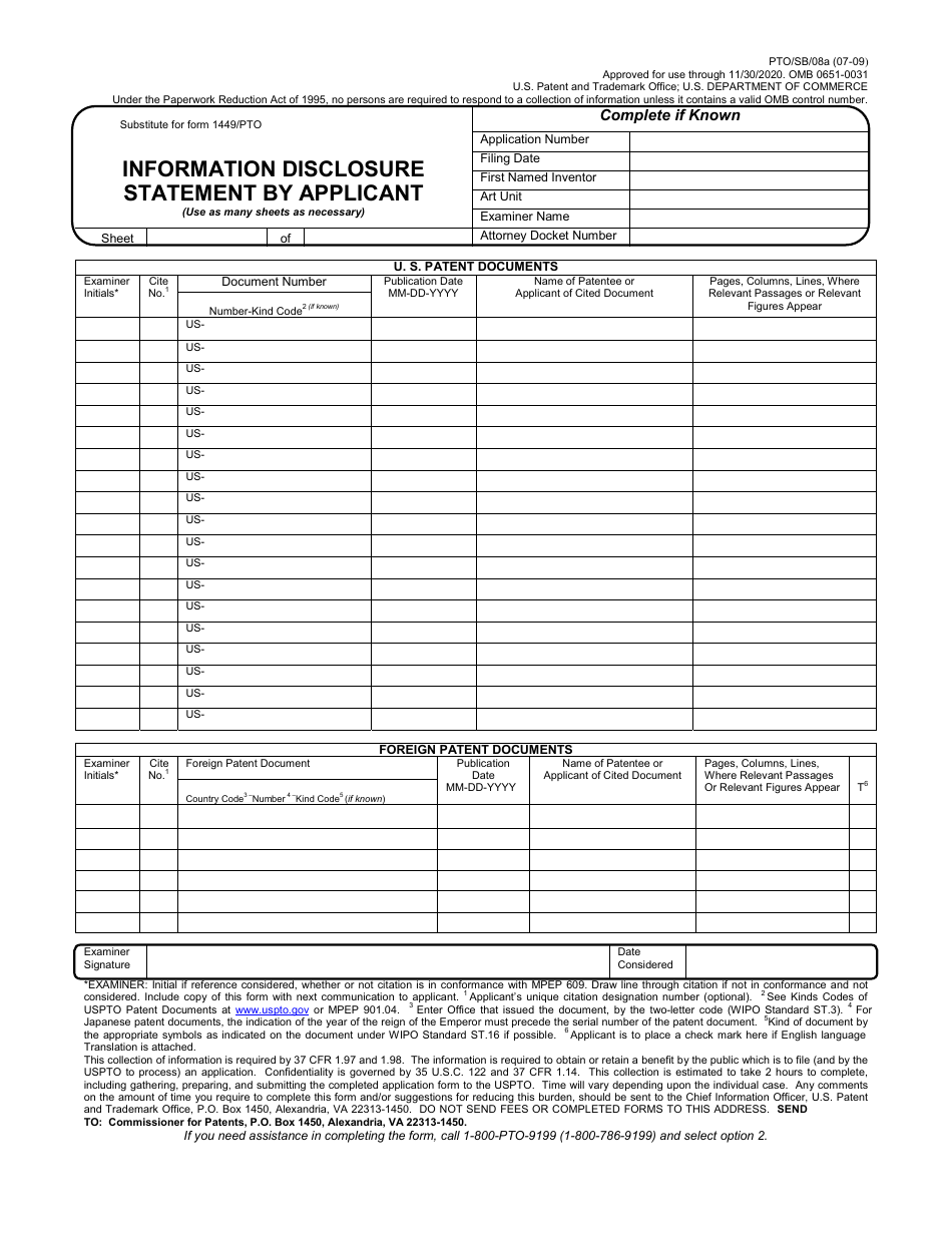 Form PTO / SB / 08A Information Disclosure Statement by Applicant, Page 1