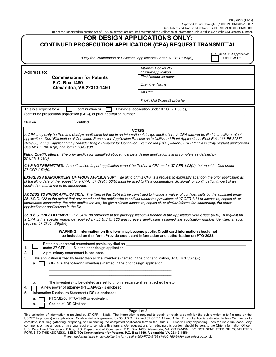 Form PTO / SB / 29 For Design Applications Only: Continued Prosecution Application (CPA) Request Transmittal, Page 1