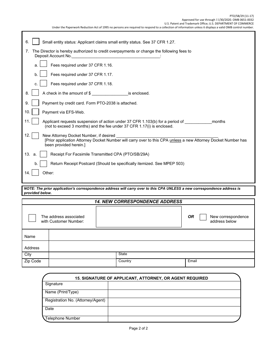 Form PTO / SB / 29 For Design Applications Only: Continued Prosecution Application (CPA) Request Transmittal, Page 2