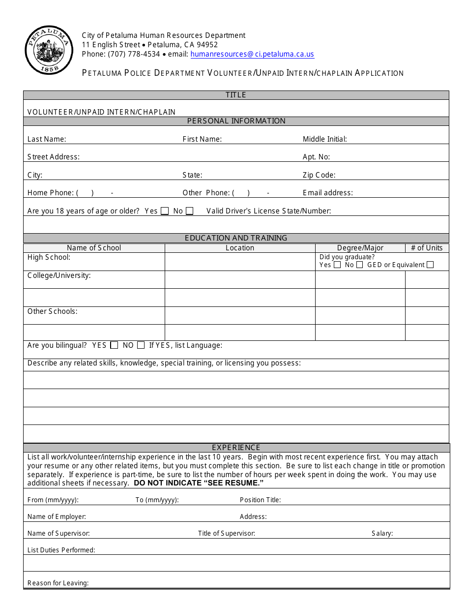 Petaluma Police Department Volunteer / Unpaid Intern / Chaplain Application - City of Petaluma, California, Page 1