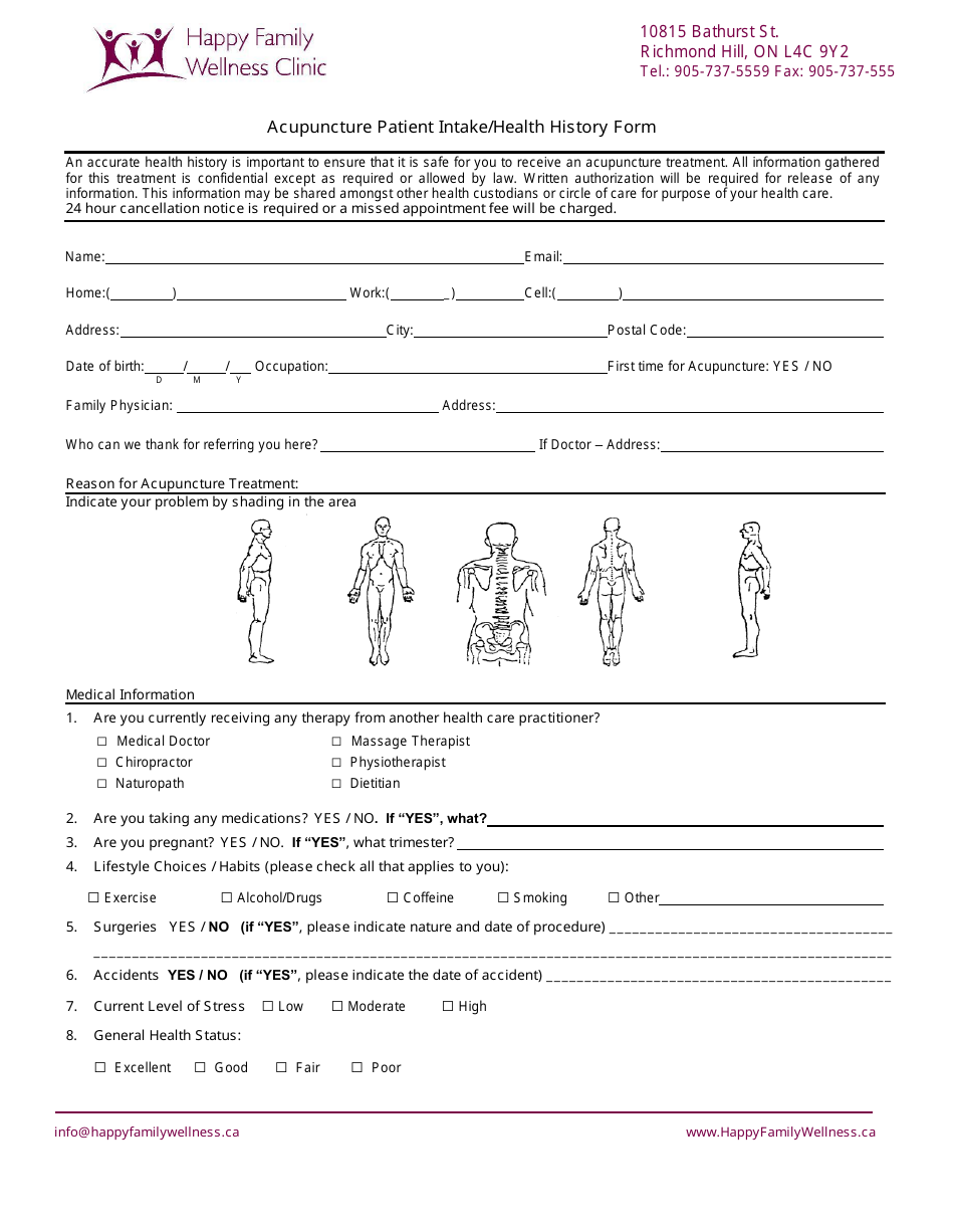 Acupuncture Patient Intake / Health History Form - Happy Family Wellness Clinic, Page 1