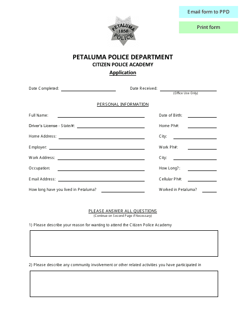 Citizen Police Academy Application - City of Petaluma, California Download Pdf