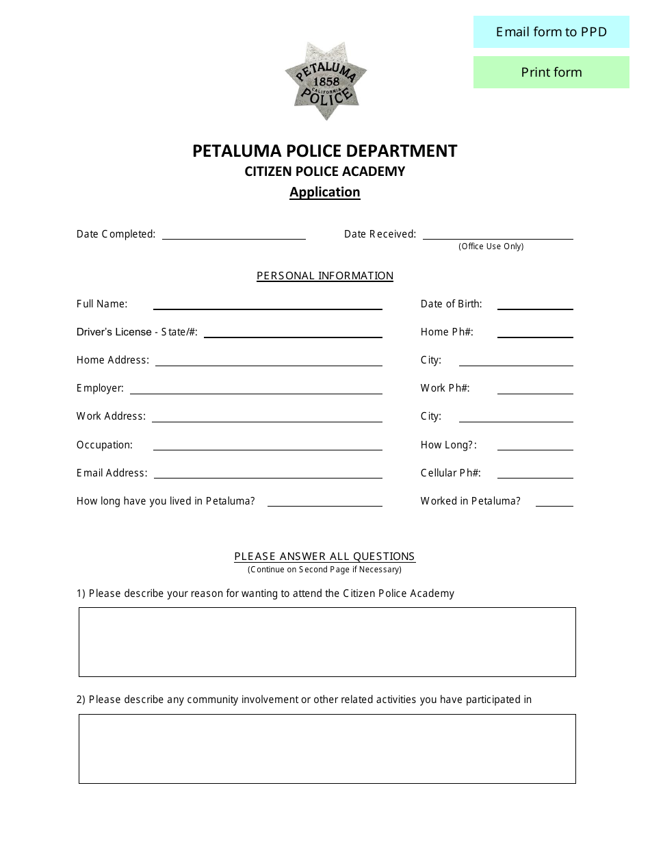 Citizen Police Academy Application - City of Petaluma, California, Page 1