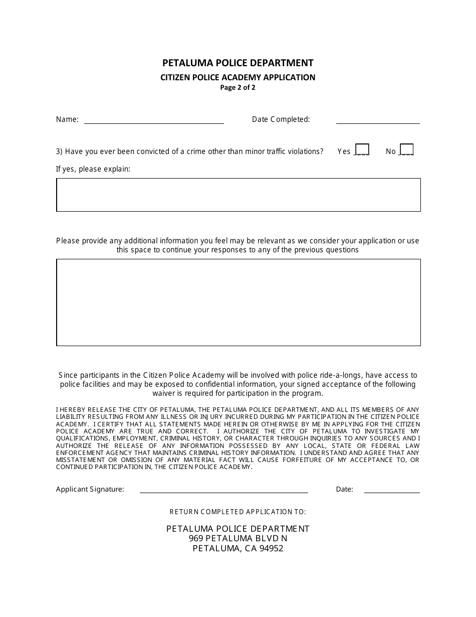 Citizen Police Academy Application - City of Petaluma, California, Page 2
