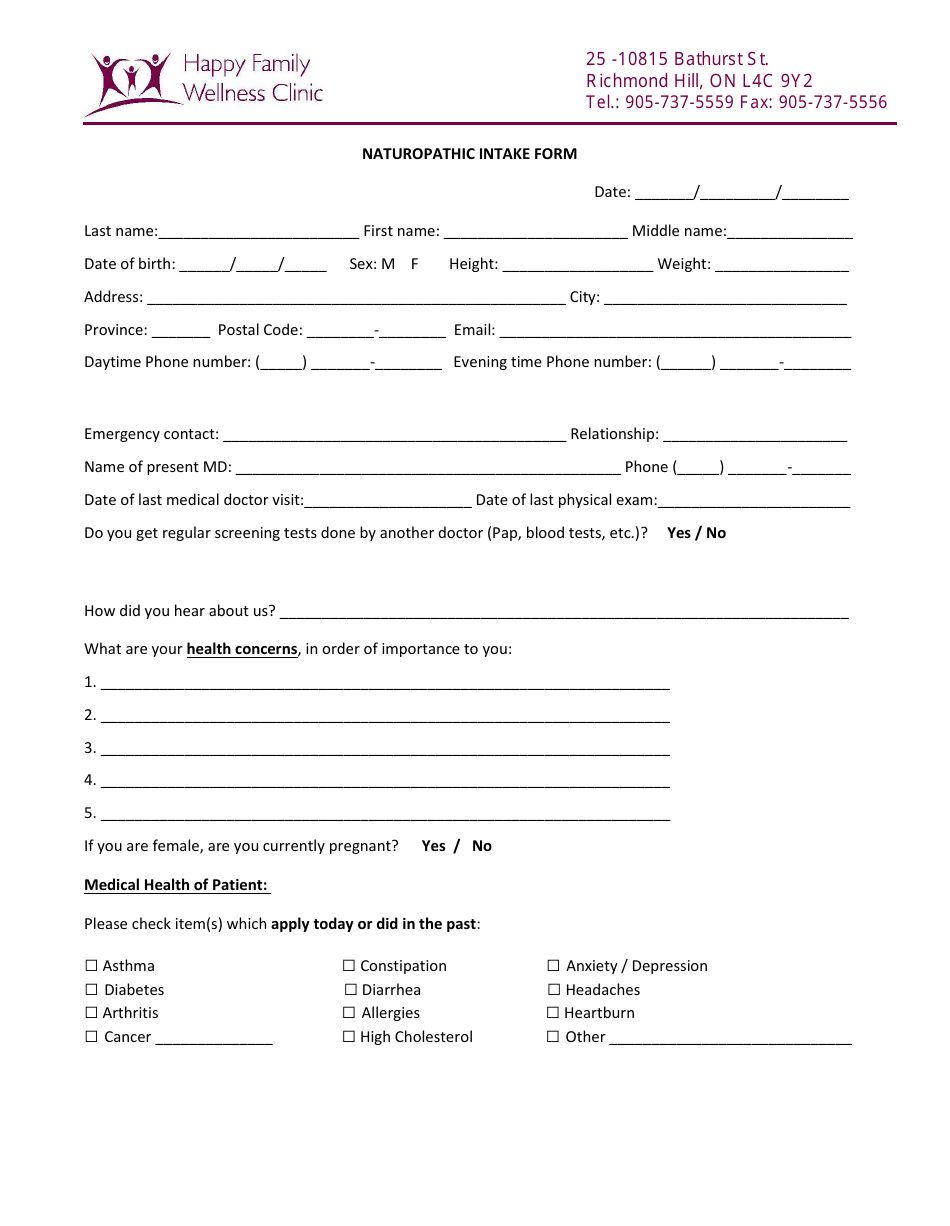 Naturopathic Intake Form Happy Familiy Wellness Clinic Download
