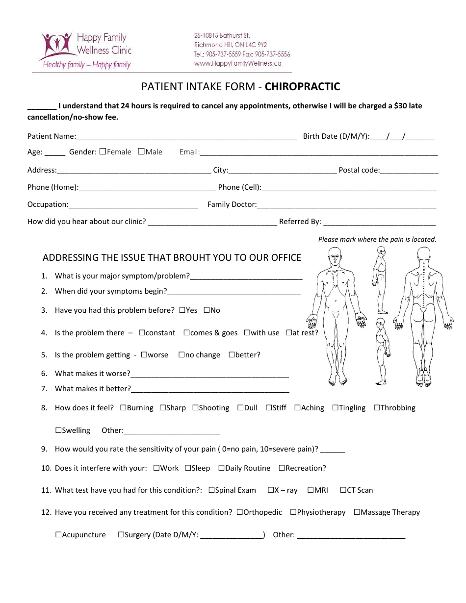 Chiropractic Patient Intake Form - Happy Family Wellness Clinic, Page 1