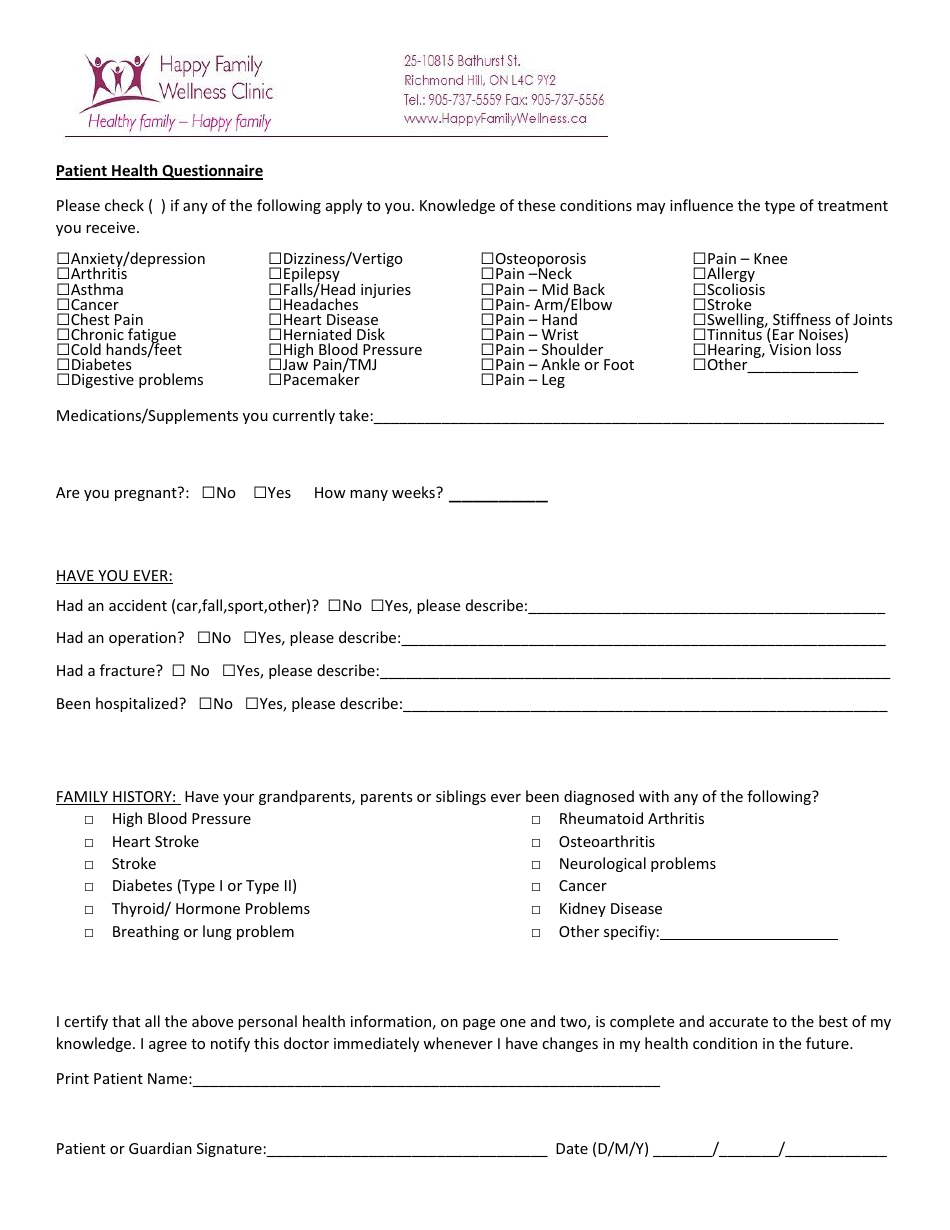 Chiropractic Patient Intake Form - Happy Family Wellness Clinic, Page 2