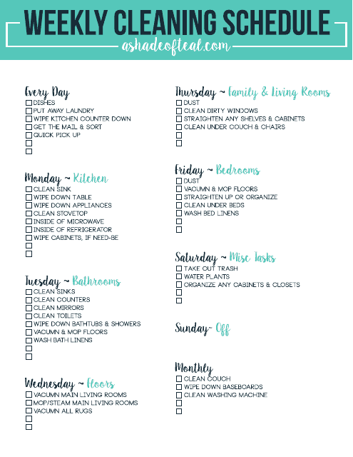 Weekly Cleaning Schedule Template - Green