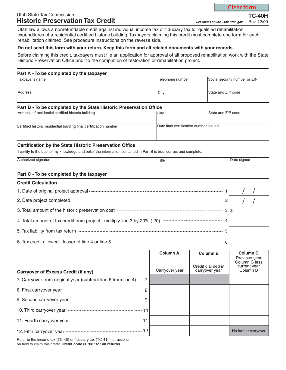 Form TC 40H Download Fillable PDF Or Fill Online Historic Preservation Tax Credit Utah