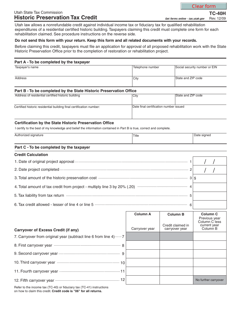 Form TC-40H Historic Preservation Tax Credit - Utah, Page 1