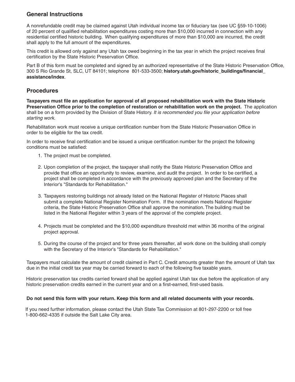 Form TC-40H Historic Preservation Tax Credit - Utah, Page 2