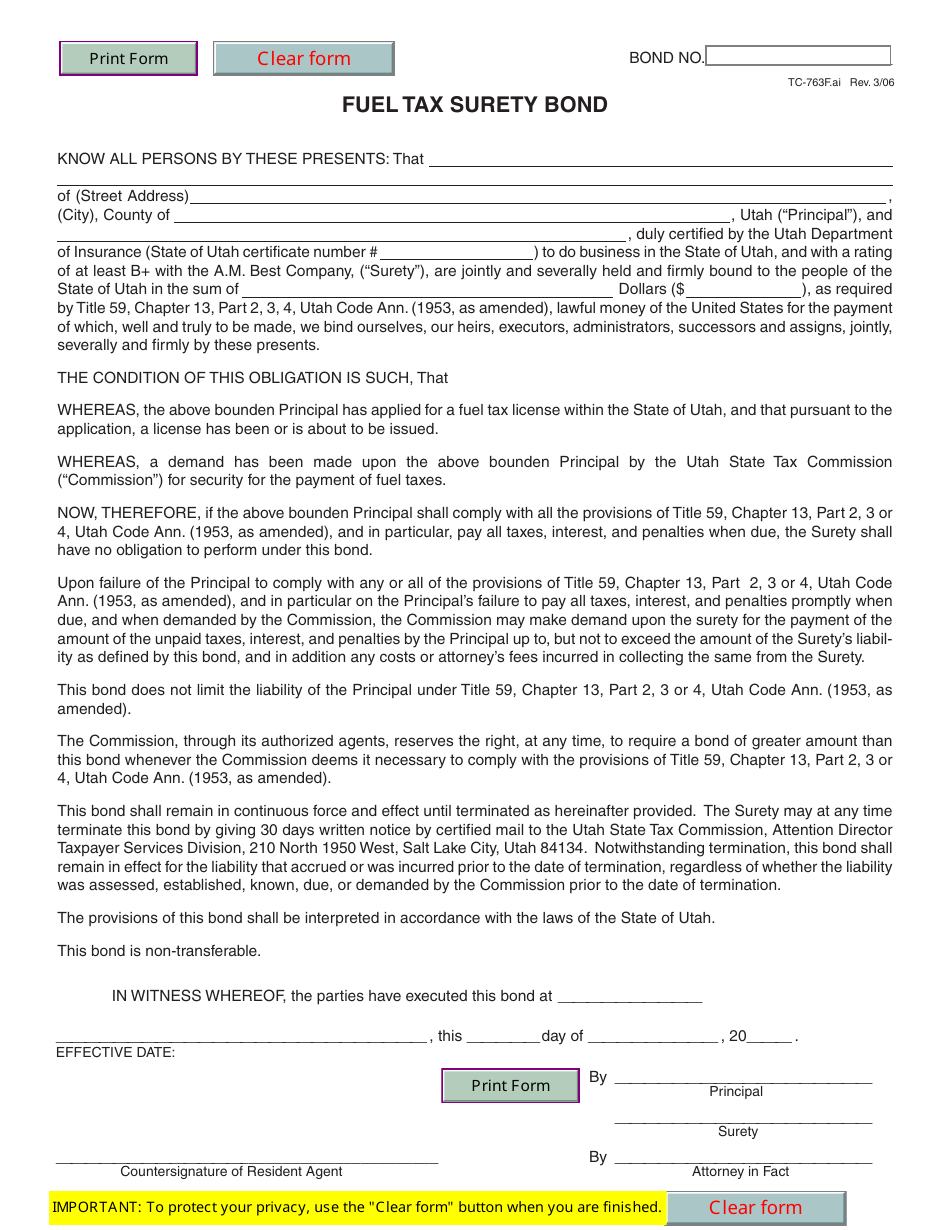 Form TC-763F Fuel Tax Surety Bond - Utah, Page 1