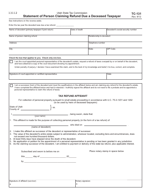 Form TC-131 Statement of Person Claiming Refund Due a Deceased Taxpayer - Utah