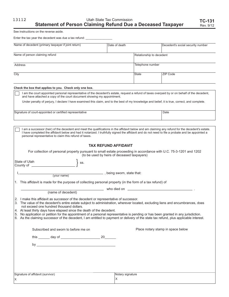 Form TC-131 Statement of Person Claiming Refund Due a Deceased Taxpayer - Utah, Page 1