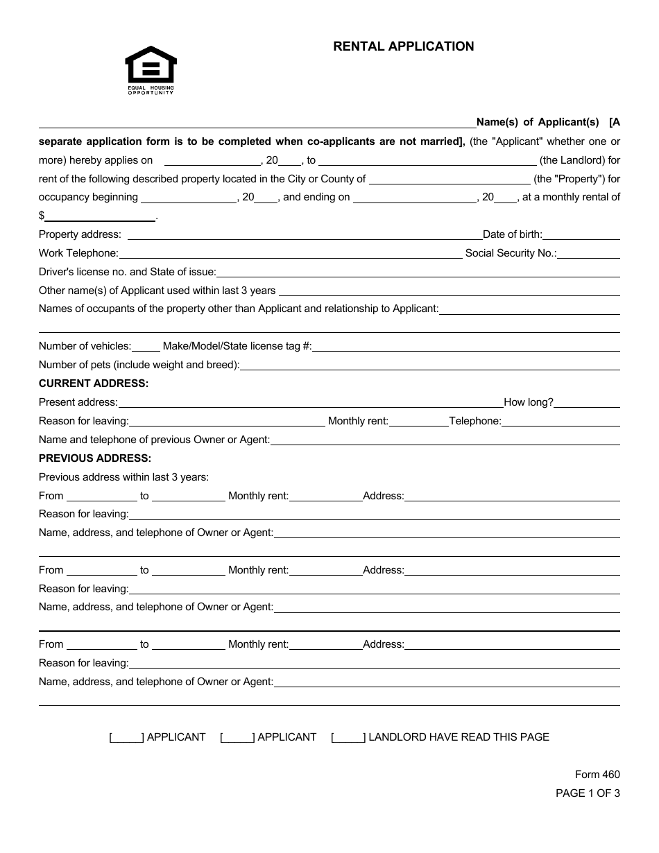 Form 460 Rental Application - South Carolina Association of Realtors - South Carolina, Page 1
