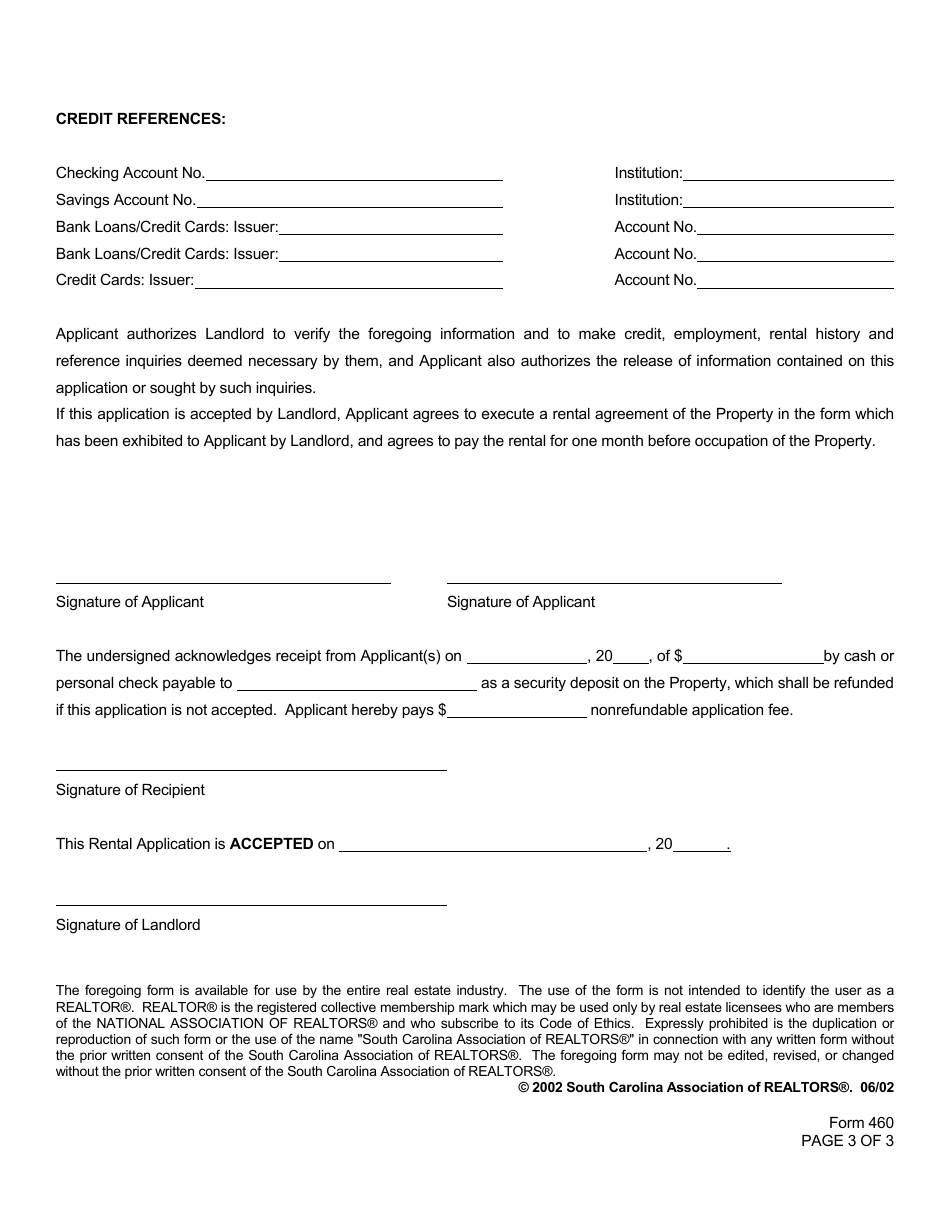 Form 460 Rental Application - South Carolina Association of Realtors - South Carolina, Page 3