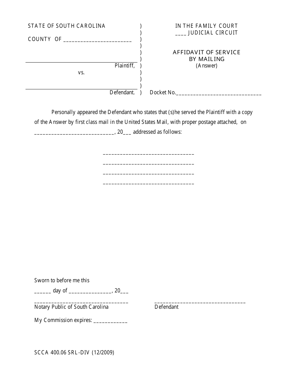 Form SCCA400.06 SRL-DIV Affidavit of Service by Mailing (Answer) - South Carolina, Page 1