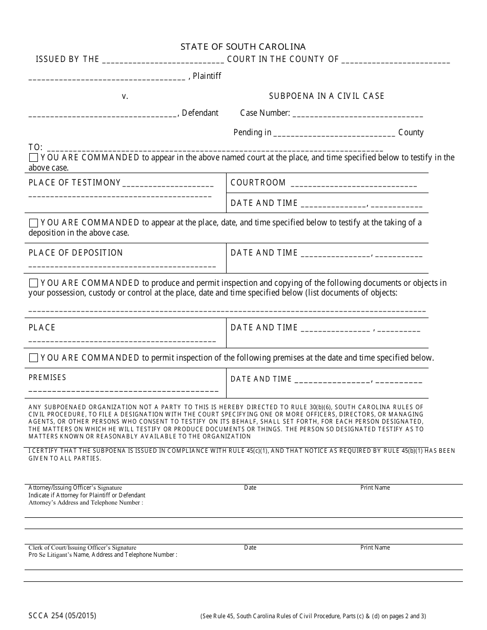 Form SCCA254 Subpoena in a Civil Case - South Carolina, Page 1