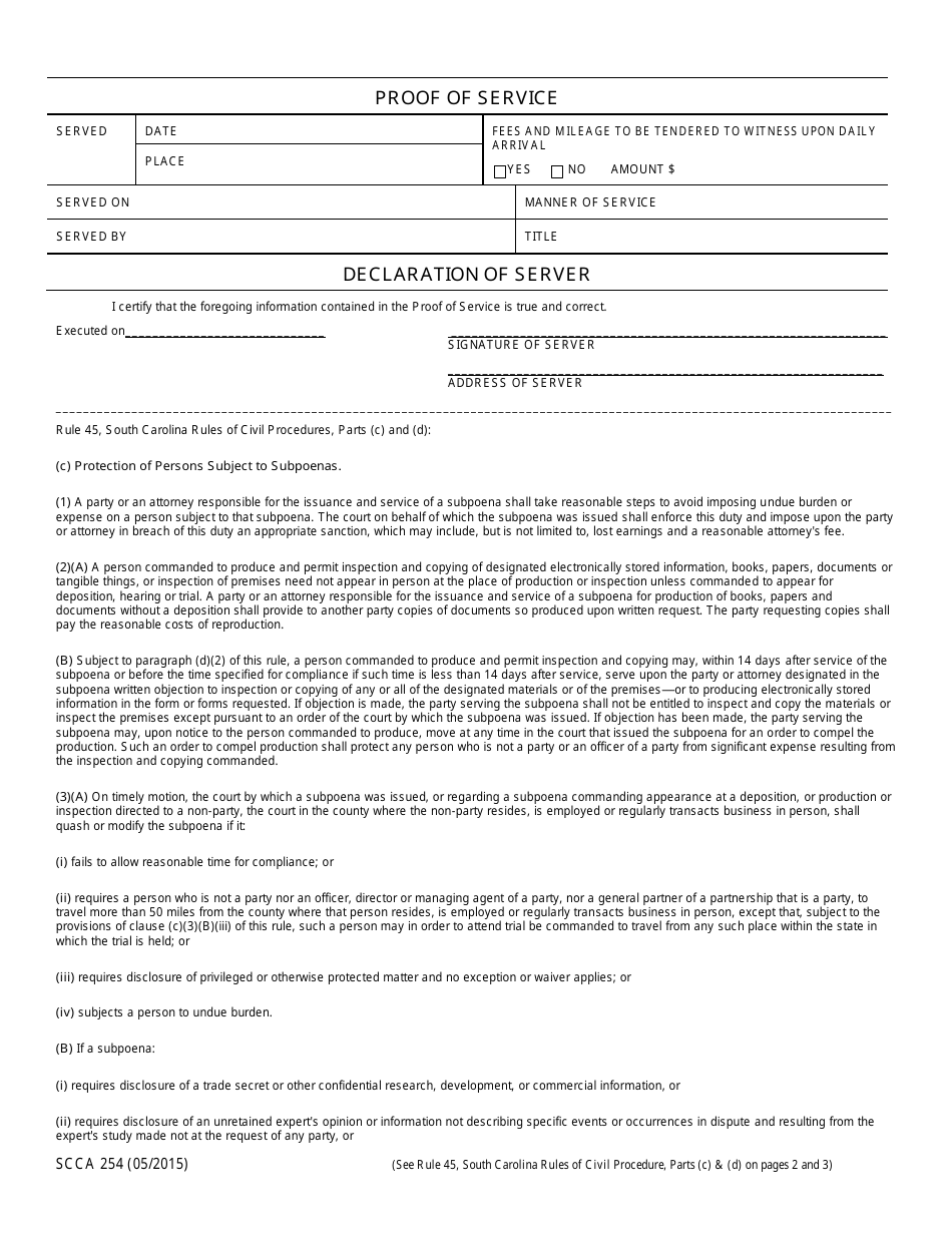 Form SCCA254 Subpoena in a Civil Case - South Carolina, Page 2