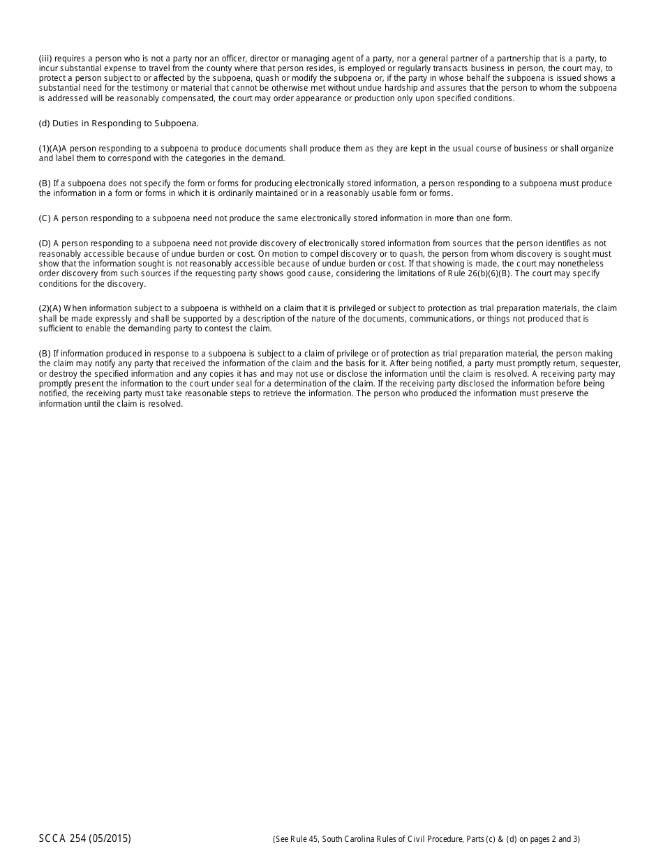 Form SCCA254 Subpoena in a Civil Case - South Carolina, Page 3