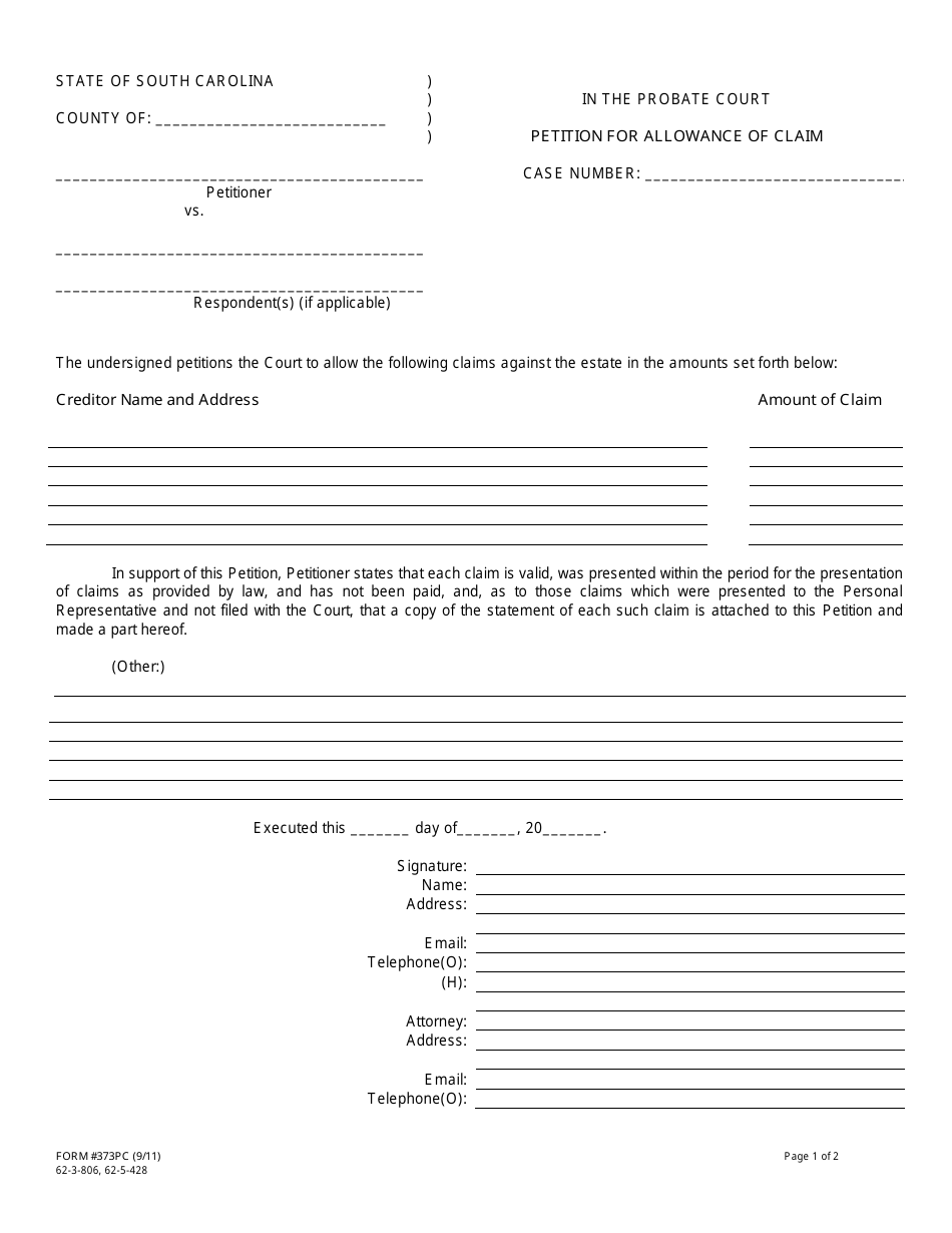 Form 373PC Petition for Allowance of Claim - South Carolina, Page 1