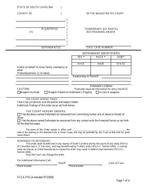 Form SCCA/753 Temporary (Ex Parte) Restraining Order - South Carolina