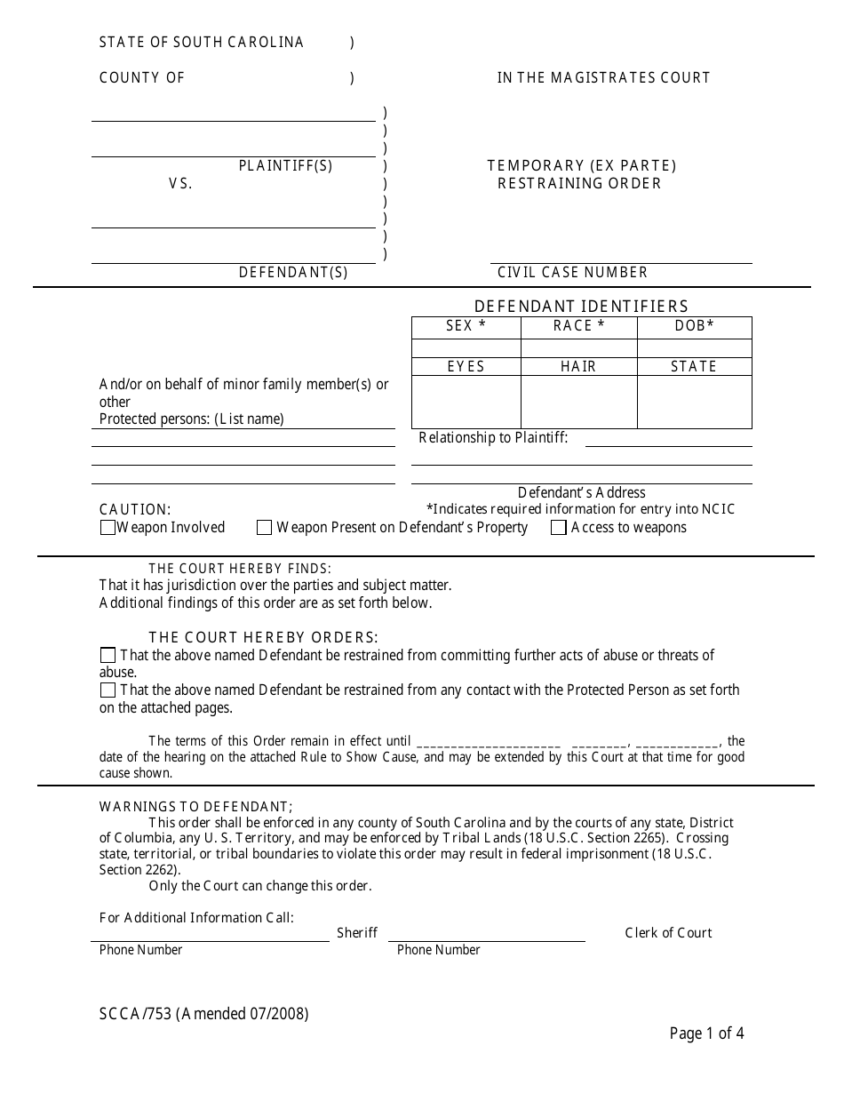 Form SCCA / 753 Temporary (Ex Parte) Restraining Order - South Carolina, Page 1