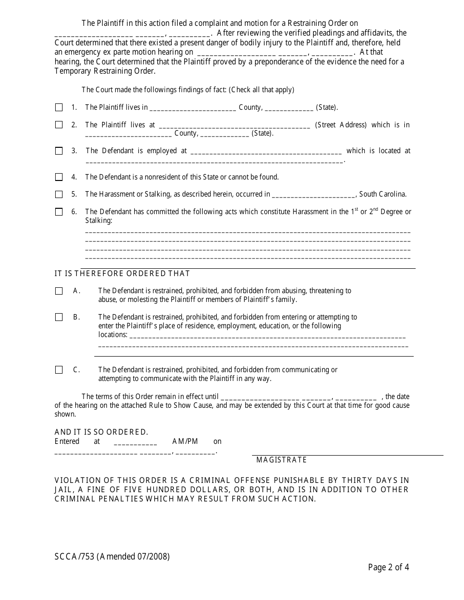 Form Scca753 Download Printable Pdf Or Fill Online Temporary Ex Parte