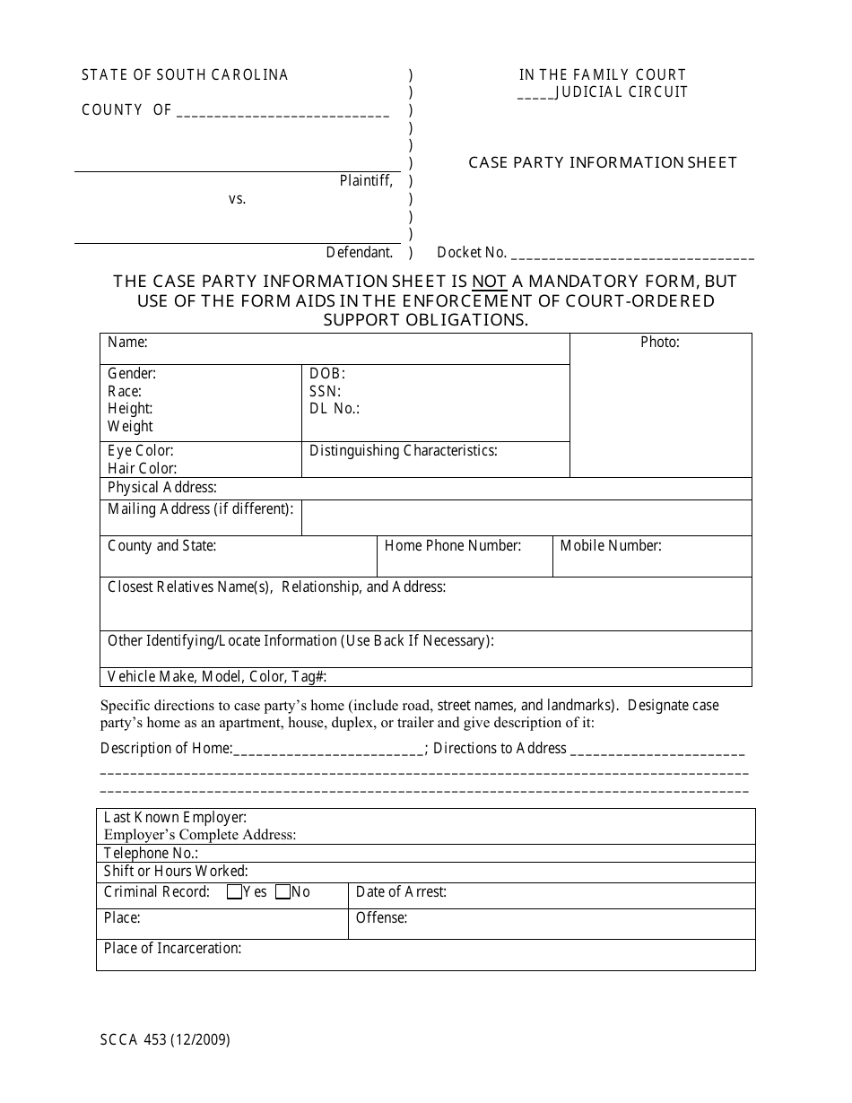 Form SCCA453 Case Party Information Sheet - South Carolina, Page 1