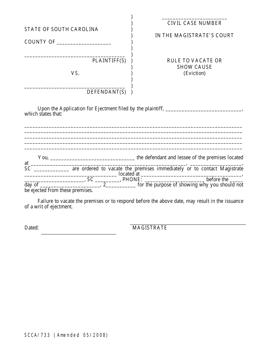 Form SCCA/733 Rule to Vacate or Show Cause (Eviction) - South Carolina, Page 1