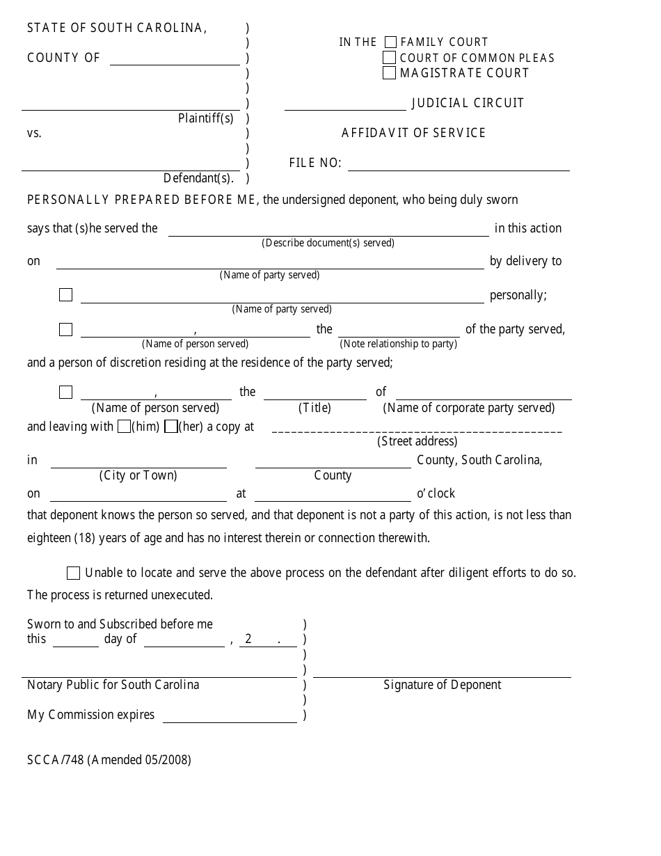 Form SCCA / 748 Affidavit of Service - South Carolina, Page 1