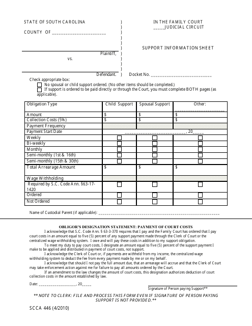 Form SCCA446 Support Information Sheet - South Carolina