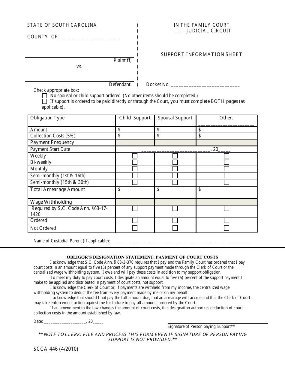 Form SCCA446 Support Information Sheet - South Carolina, Page 1