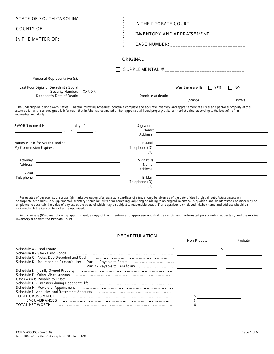 Form 350PC Inventory and Appraisement Form - South Carolina, Page 1