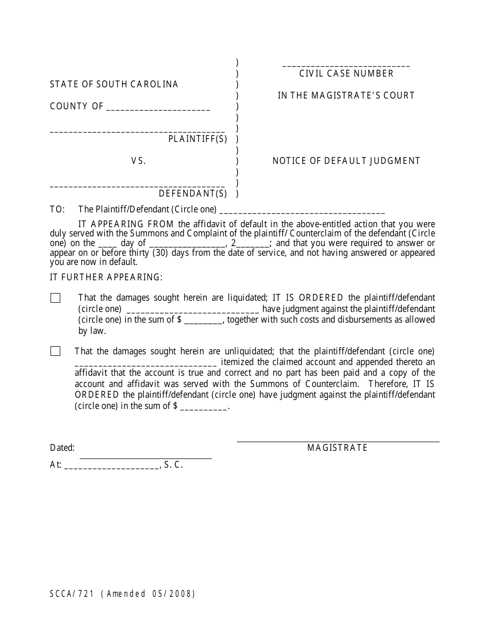 Form SCCA / 721 Notice of Default Judgment - South Carolina, Page 1