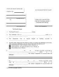 Document preview: Form SCCA/749 Complaint and Motion for Restraining Order (Harassment and Stalking) - South Carolina