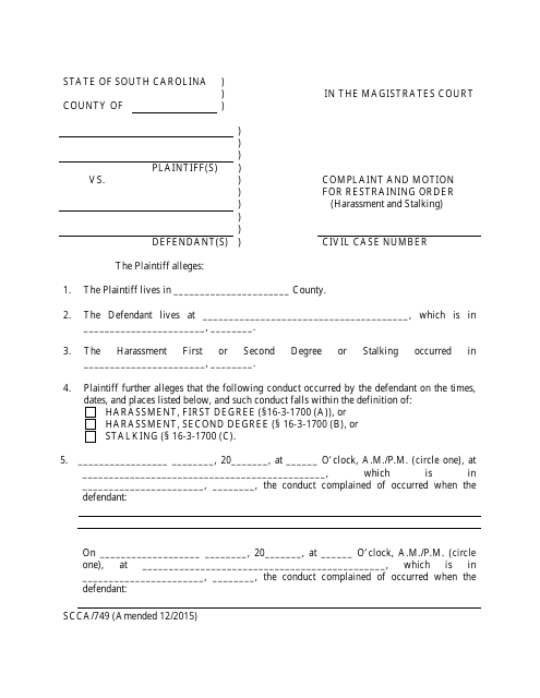 Form SCCA/749 Complaint and Motion for Restraining Order (Harassment and Stalking) - South Carolina