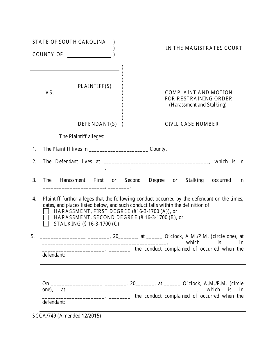 Form SCCA / 749 Complaint and Motion for Restraining Order (Harassment and Stalking) - South Carolina, Page 1
