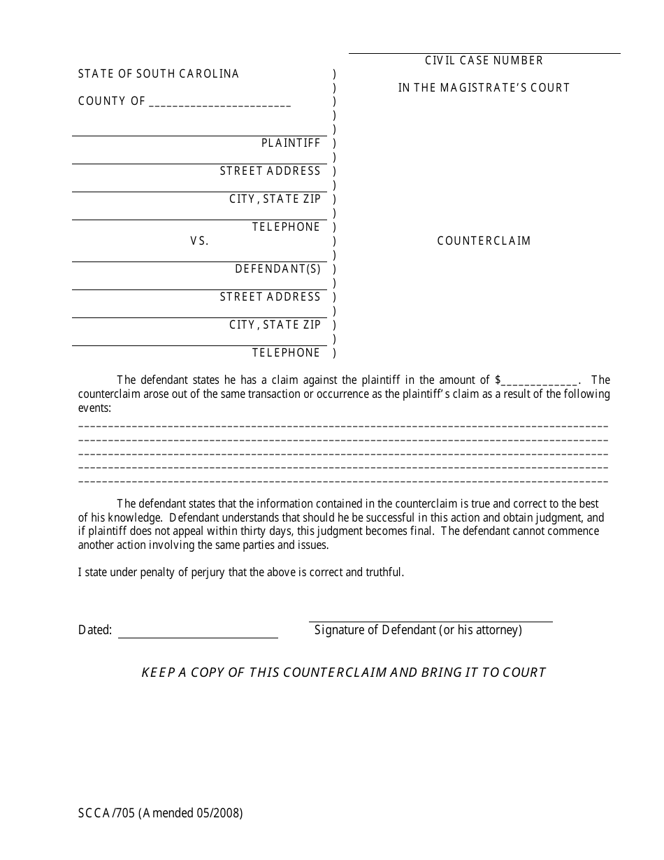 Form SCCA / 705 Counterclaim - South Carolina, Page 1