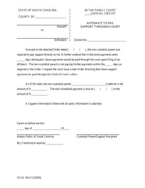 Form SCCA454 Affidavit to Pay Support Through Court - South Carolina